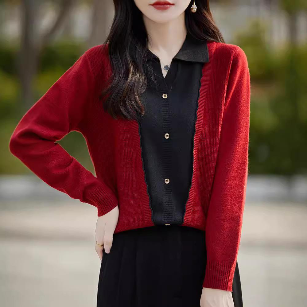 Autumn Color Collision Splicing Knit Sweater Women's Lapel Tops Spring and Autumn Outer Thin Sweater