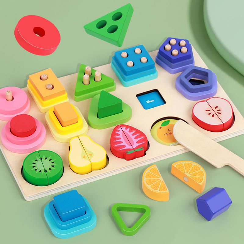 Montessori Wooden Sorting Stacking Toys Shape Color Sort Block Puzzles Toddler Geometric Stacking Toys for Baby Early Education