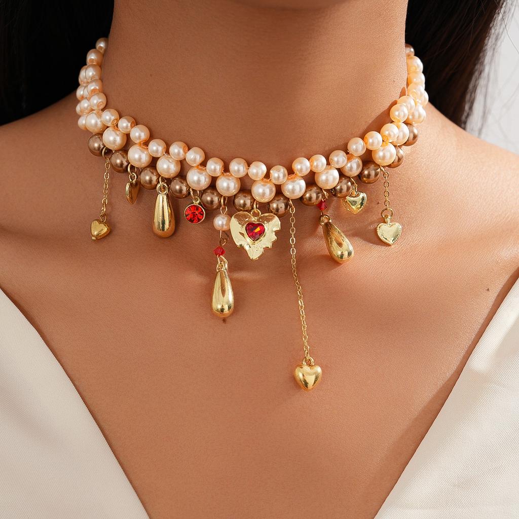 Diamond-set Imitation Pearl Beaded Love Water Drop Fringed Neck Chain Court Style Necklace