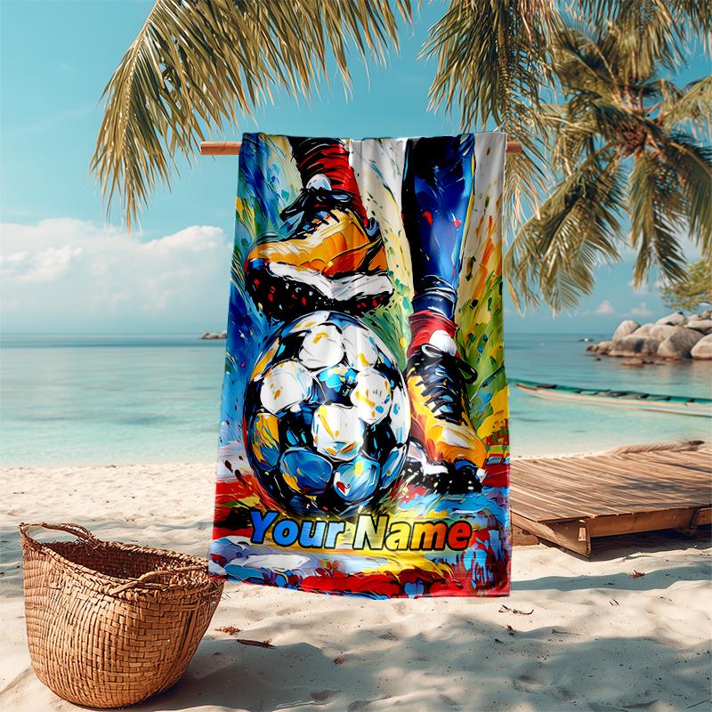 1PC Custom Name "Dynamic Soccer Artwork" Beach Towel Highly Absorbent And Sand-Resistant Towel for Swimming, Pool, Yoga, And Travel Lightweight