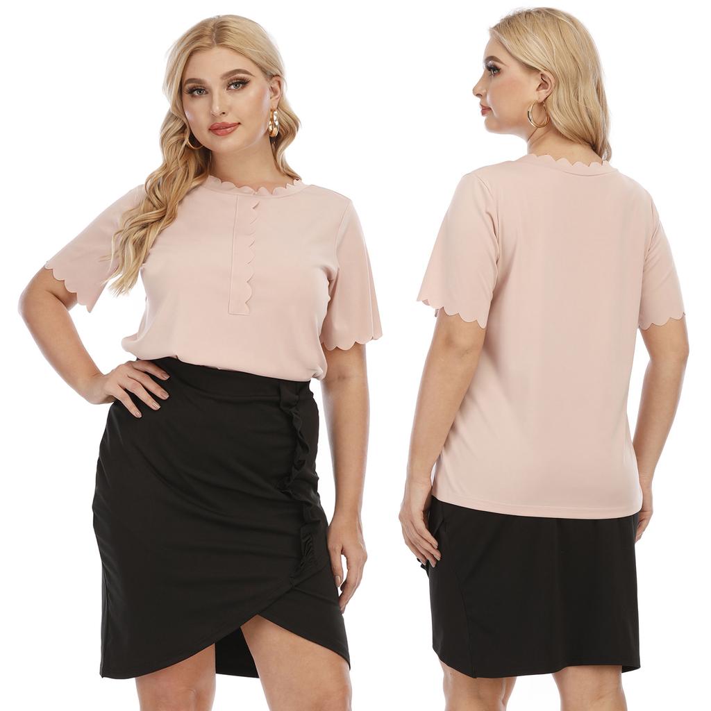 חולצות טי שירט לנשים קיץ בגודל פלוס שחבור קצה גלי חולצות טריקו פשוטות עם שרוולים קצרים