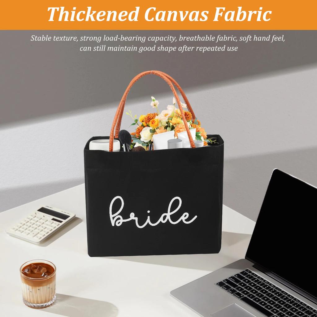 Bride Tote Bag Large Capacity Canvas Bags with Bride Lettering Shopping Handbag for Engagement Wedding Bachelorette Party Travel