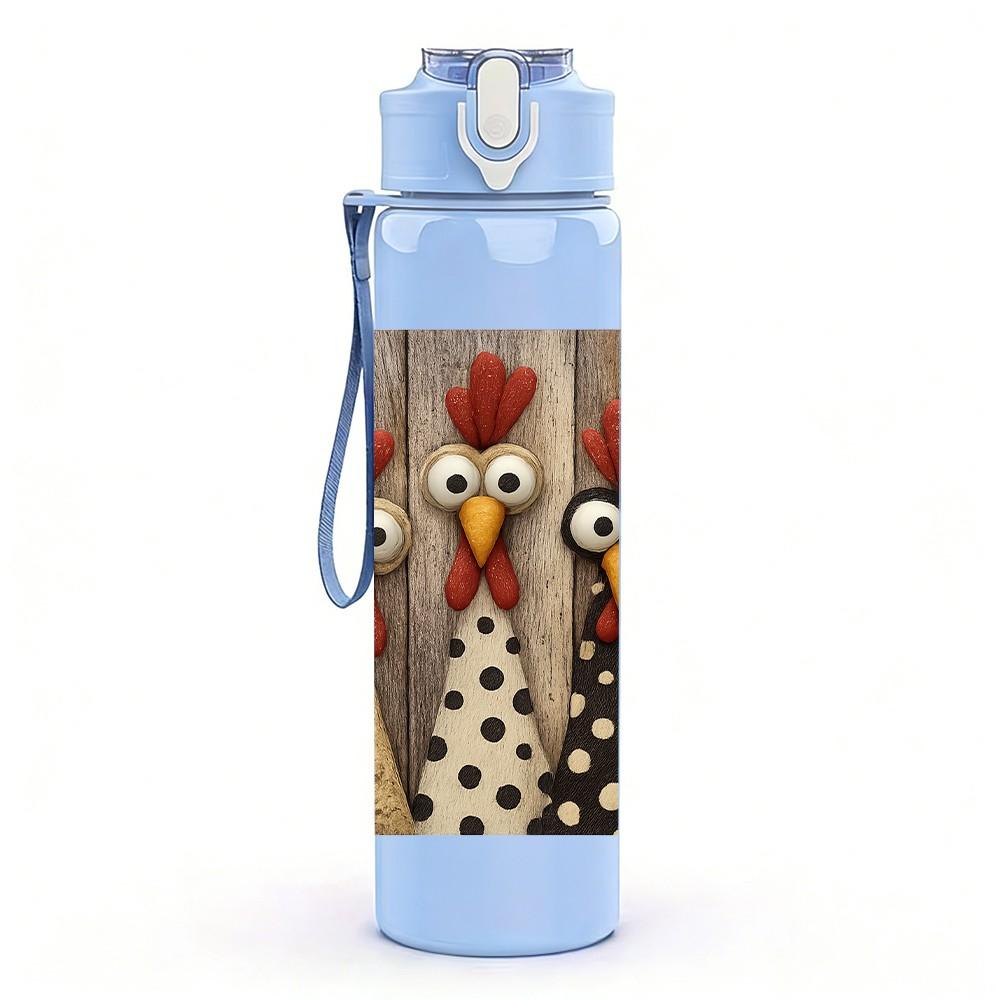 1PC Two Rooster Head Cartoon Print 750ml Color Plastic Sports Water Bottle Leakproof Flip Straw Lid For Sports Office Home Use