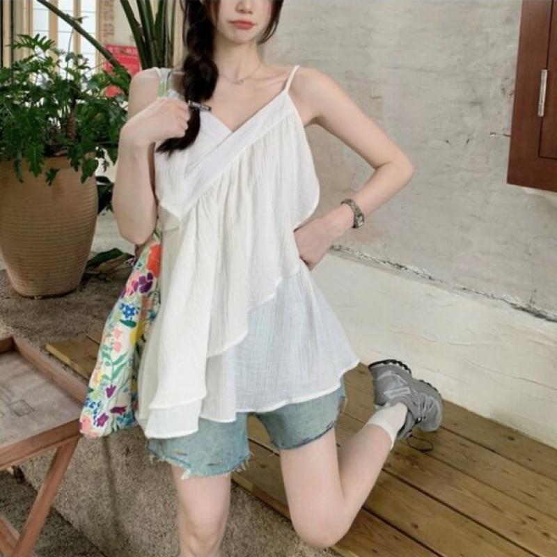 New ArriValS Open Run Women S V Neck aSymmetrical Frill Cami blouSe