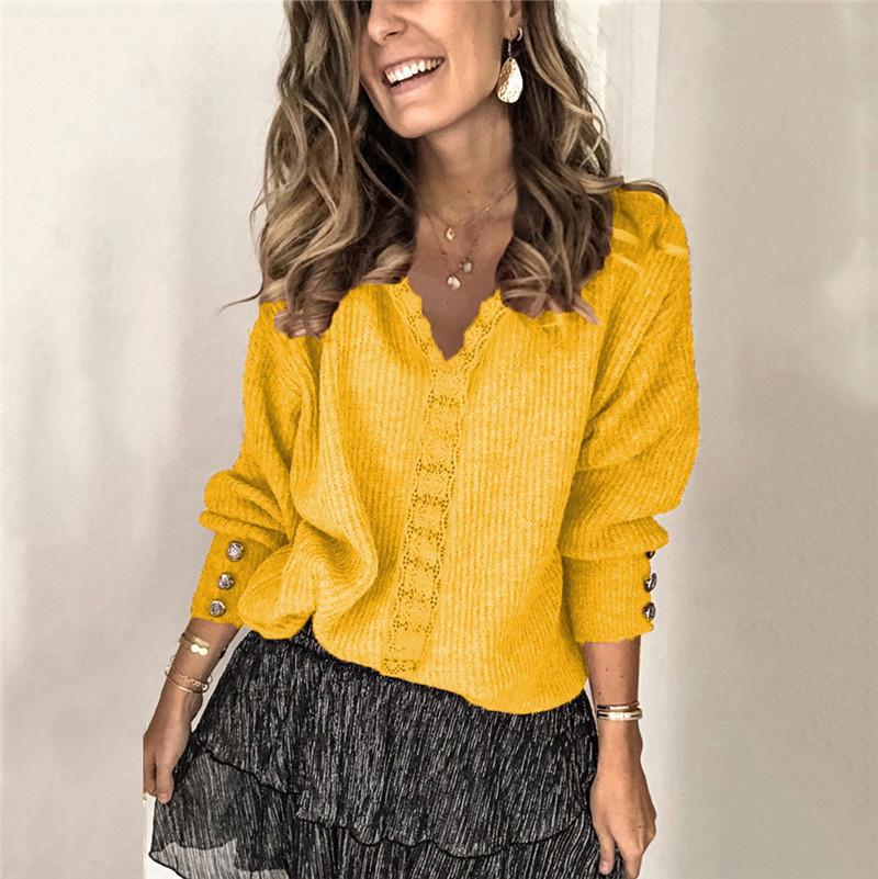 2026 New Lace V-Neck Sweater: European & American Style, Loose-Fit, Long-Sleeve Solid Color Sweater for Women S жёлтый