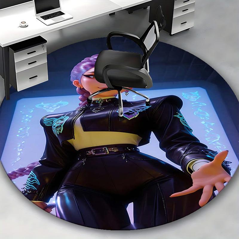 1pc Anime Design Round Carpet - Office Chair Mat with Purple Hair and Blue Floral Print, Suitable for Home Decor, Gaming Room