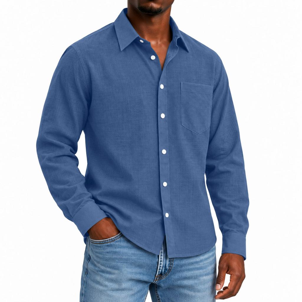Men's Linen Collared Long Sleeve Shirt for Spring and Fall Casual Daily Wear