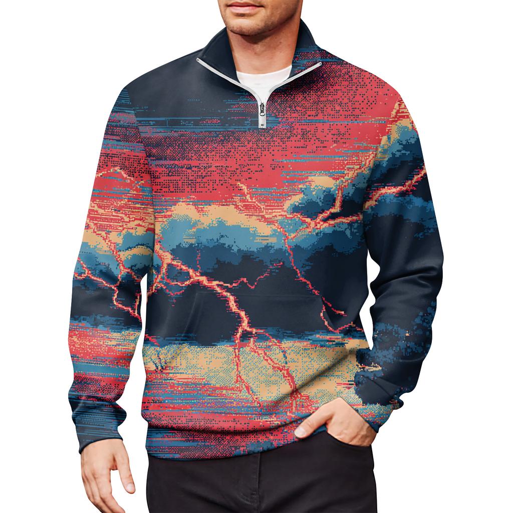 Men's Loose Casual 1/4 Zip Sweatshirt Fashion Printed Long Sleeve Top With Pockets