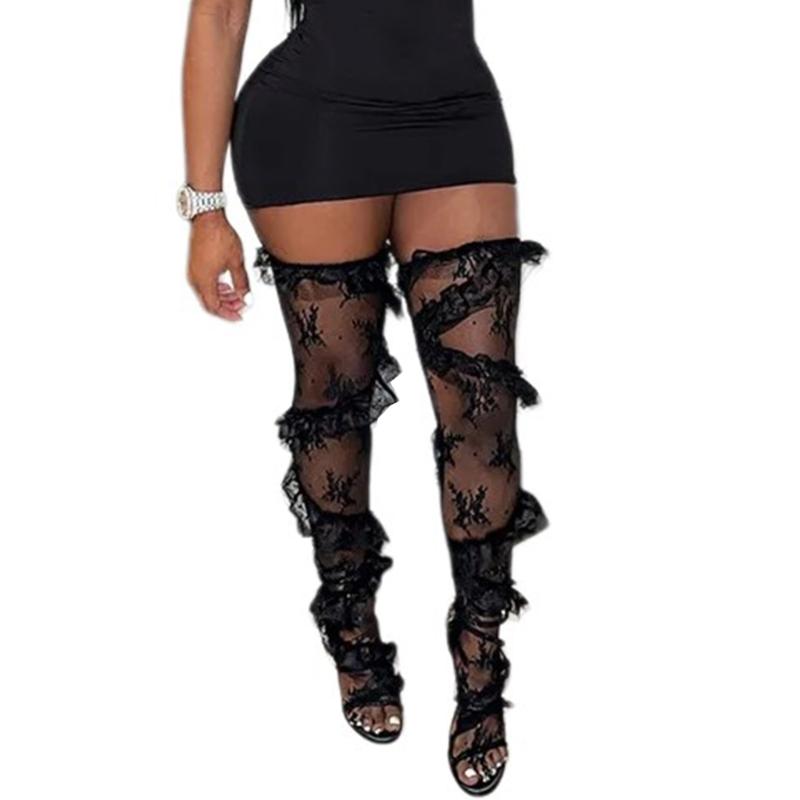 Aesthetic Twill Ruffle Trim Thigh High Stockings for Women Japanese See Through Flower Lace Loose Over Knee Long Socks чёрный