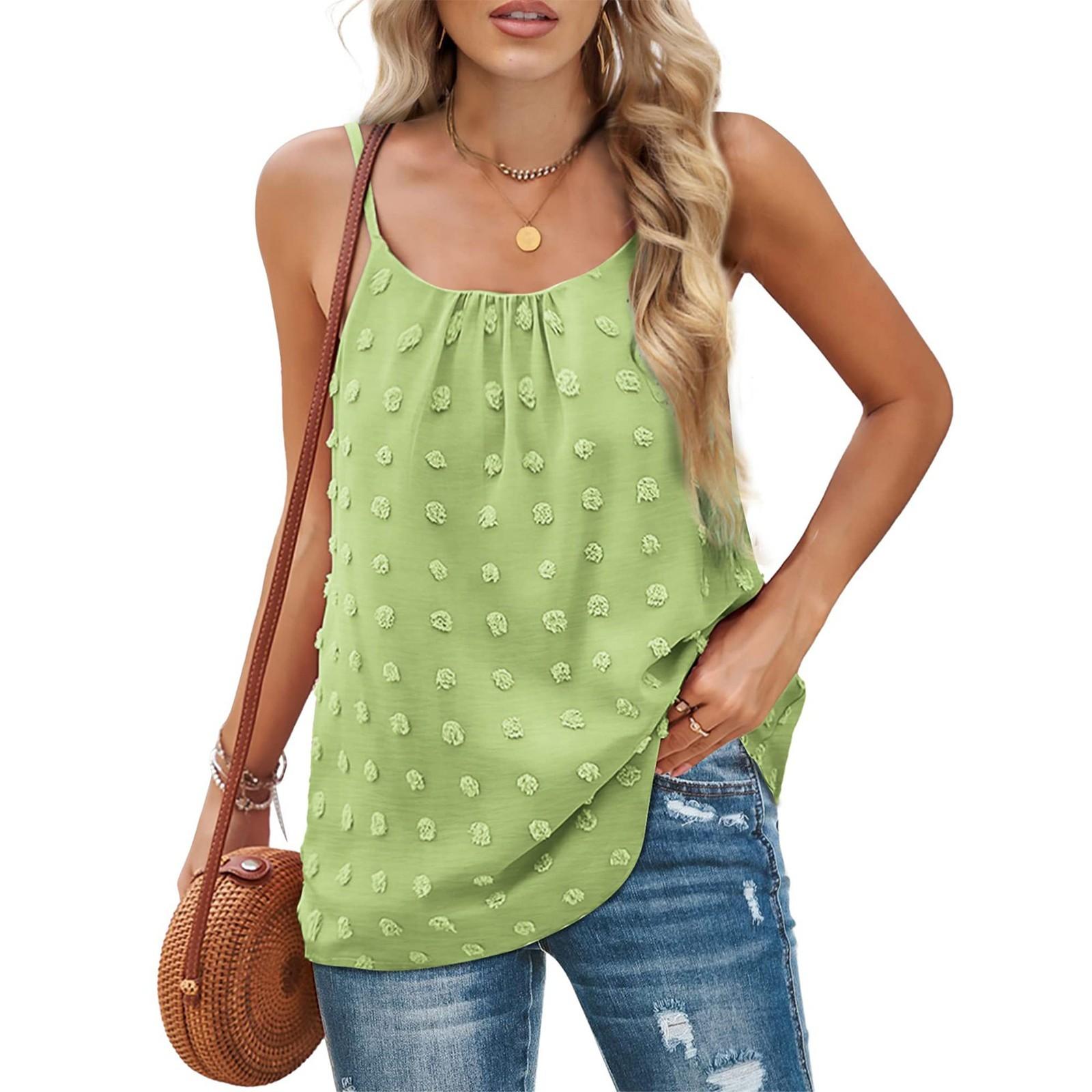 

Women s Summer Tank Top Adjustable Spaghetti Straps Camisole Sleeveless Pom Chiffon Top M зелёный