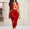 Women Plus Size Asymmetric Ring Strap Sleeveless Floral Printed White Bodycon Midi Dress