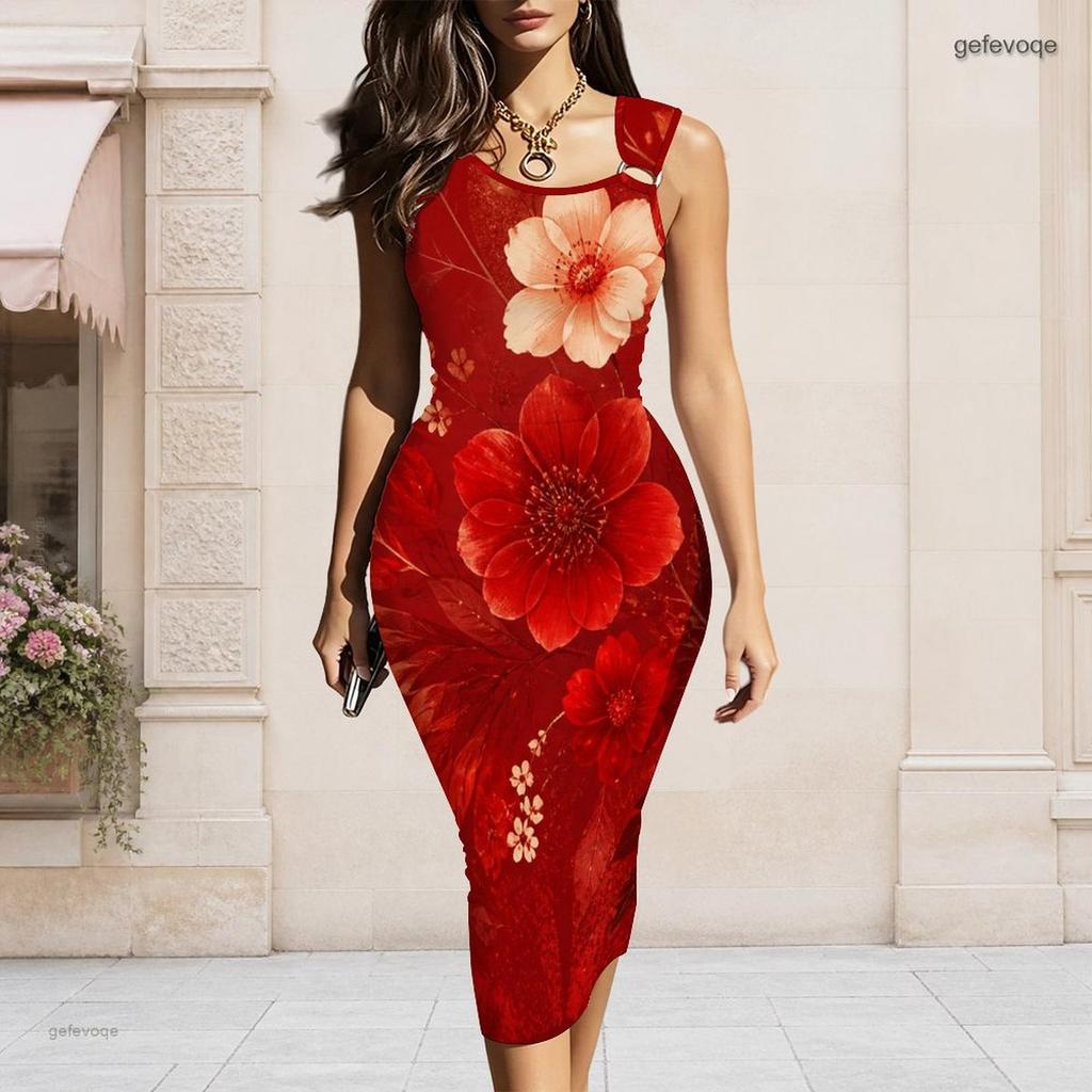 Women Plus Size Asymmetric Ring Strap Sleeveless Floral Printed White Bodycon Midi Dress