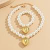 Simple Gold Color Ball Bead Chain Necklace Bracelet Heart Pendant Jewelry Set Elegant Beaded Accessory for Women