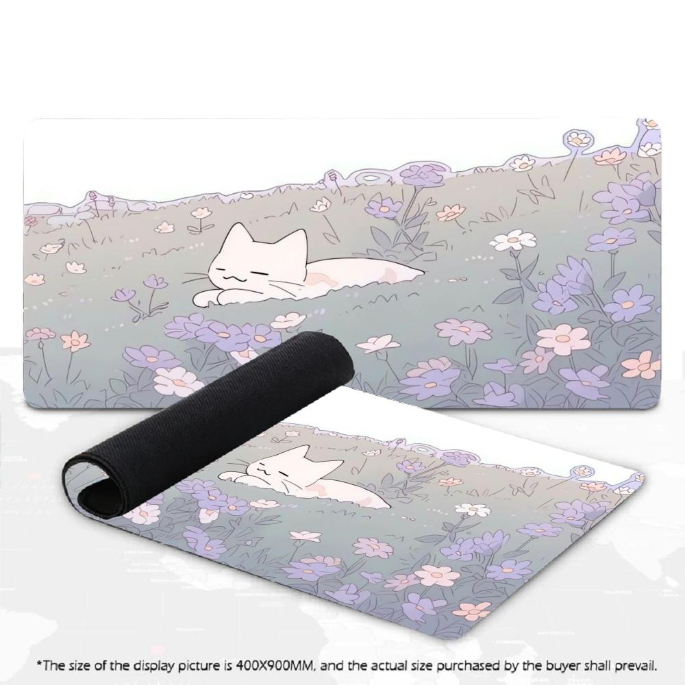 Cute Cat Flower Garden Large Gaming Desk Mat Non Slip Stitched Edge Smooth Mouse Pad For PC Gamer Laptop Office Desktop Decor