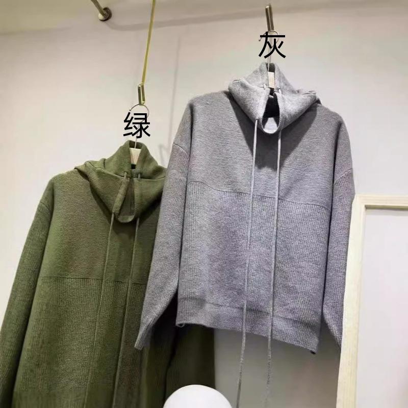 Hooded Drawstring Sweater Women's Autumn and Winter Solid Color Lazy Simple New Thick Loose Casual Pile Neck Knitted Sweater