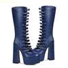 2025 New Hollow Knee-High Boots Crocodile Pattern Sexy Boots Platform Zipper Square Heel Buckle Strap Women Pole Dance Shoes