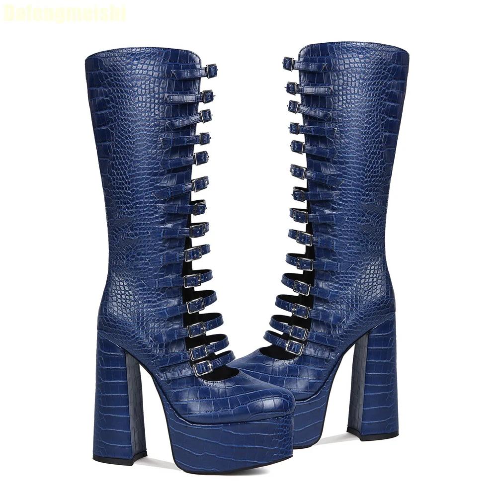 2025 New Hollow Knee-High Boots Crocodile Pattern Sexy Boots Platform Zipper Square Heel Buckle Strap Women Pole Dance Shoes