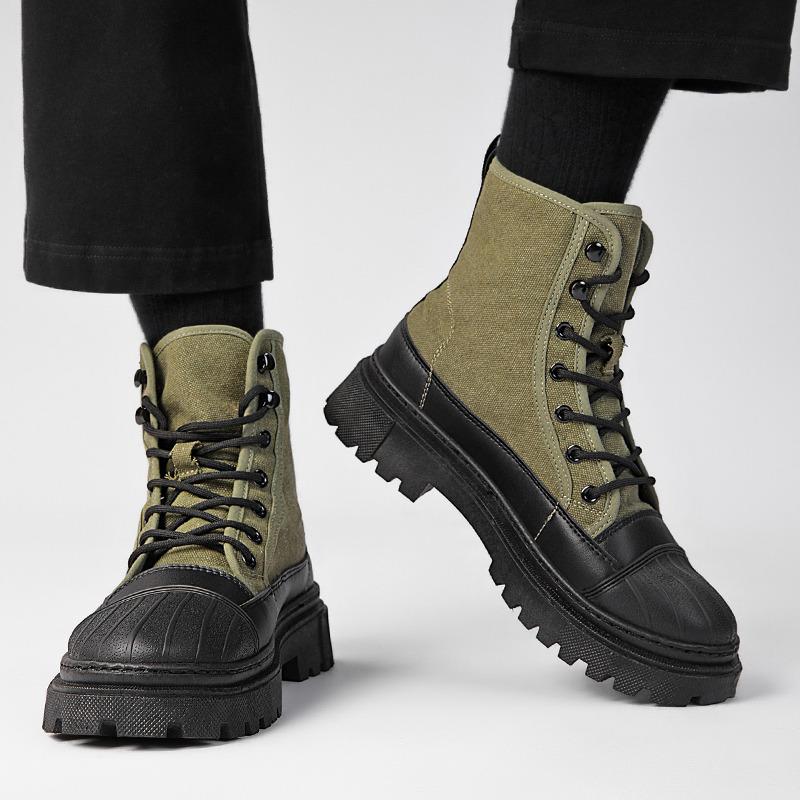 Grüne Canvas Herren Stiefeletten Mode Schnürstiefel Motorradstiefel Mann Werkzeugstiefel Herbst Rutschfest Cowboy Plateau Stiefel Für Mann