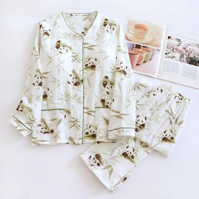 2026 New Spring and Autumn Women's Pajama Set 100% Cotton Crepe Long Sleeve Long Pants Two Piece Set with Chest Mat Home Clothes