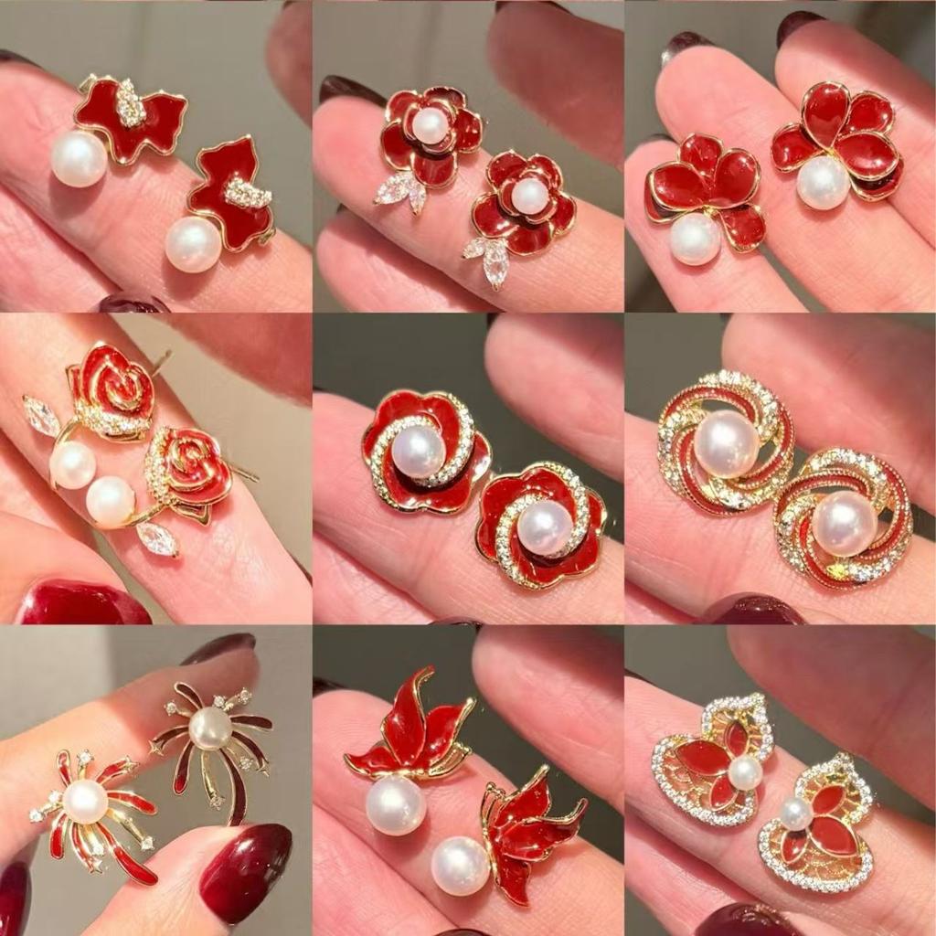 Natural freshwater pearl earrings, red pearl earrings, autumn and winter high-end feeling, New Year earrings