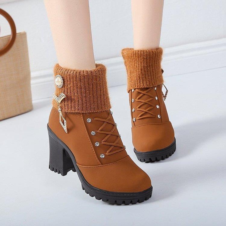 

Fashion Women s Designer High Heels Shoes 2025 Winter New Warm Non-slip Block Cow Suede Warm Snow Boots Fashion Crystal Plush Goth Botas 35 коричневый