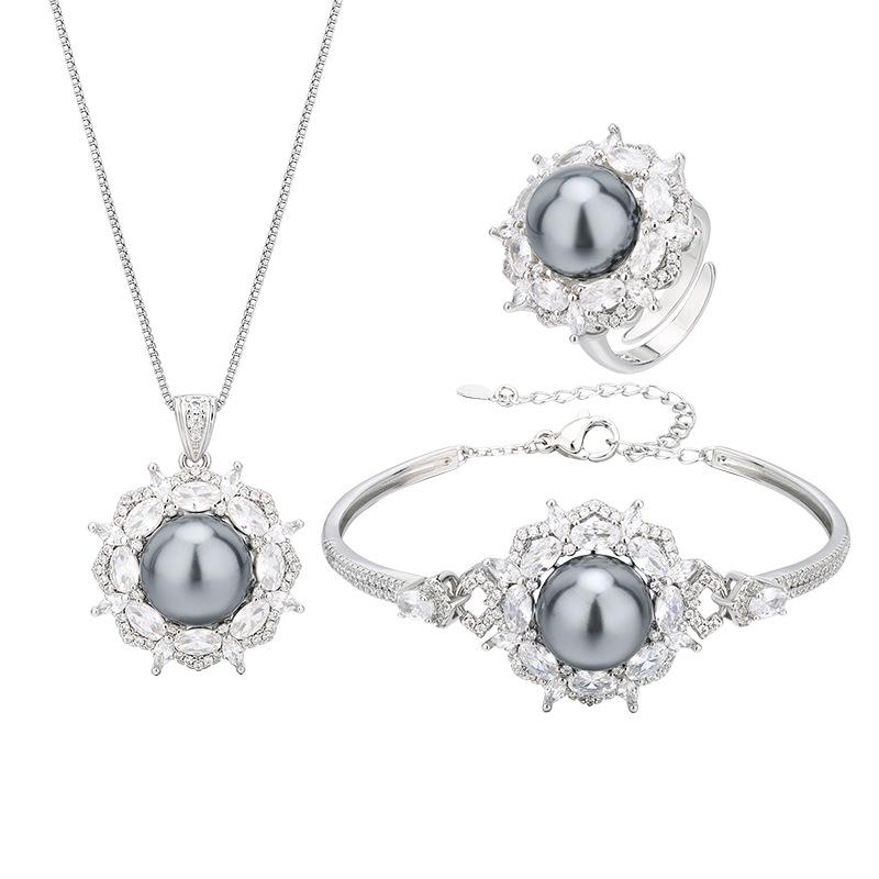 Set Grey Bead Open Ring Necklace Bracelet Fashion Style High Sense Ladies