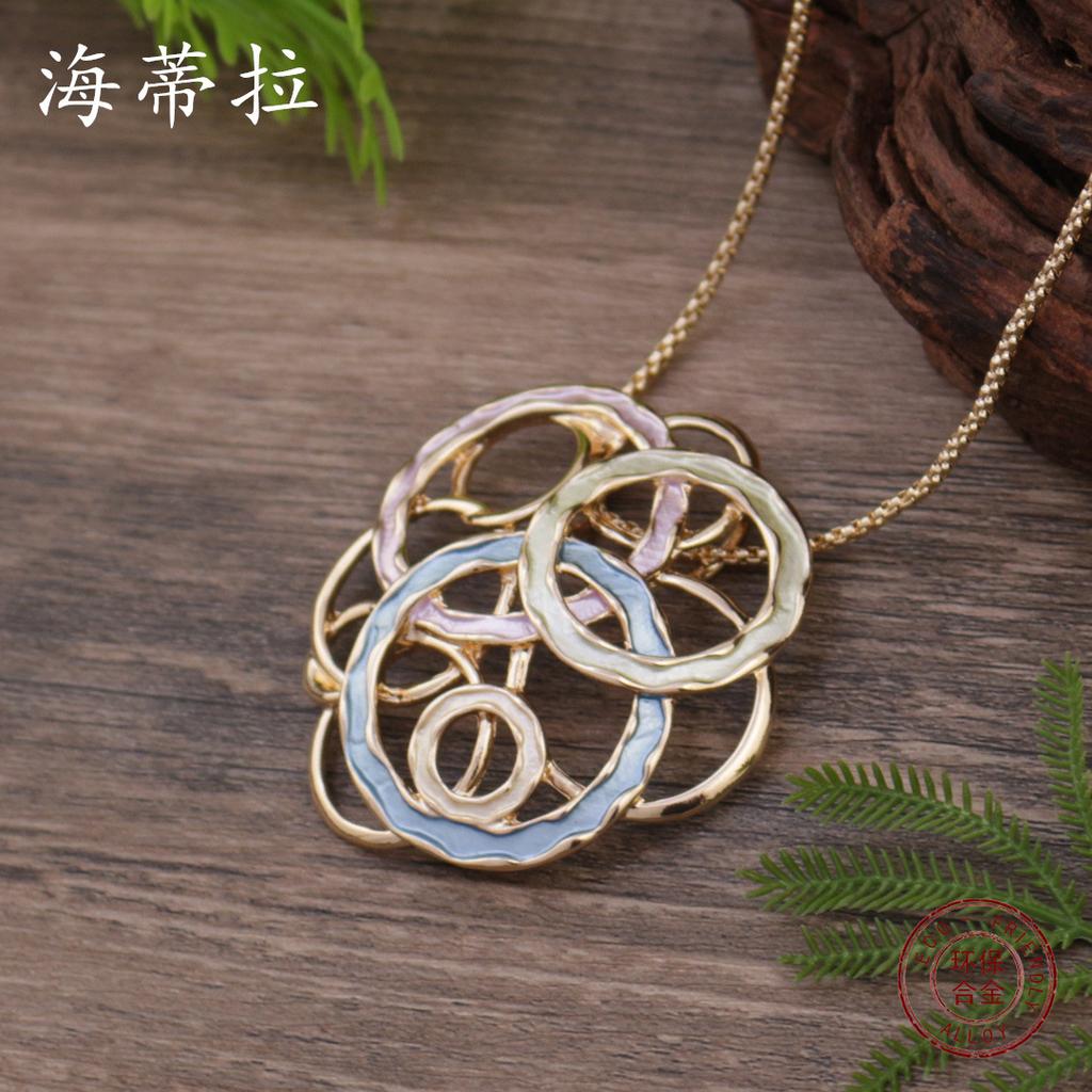 New Enamel Color Hollow Geometric Round Exaggerated Pendant, Personalized Ring Women's Versatile Necklace