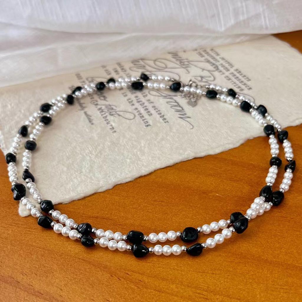 Vintage Natural Black Agate Artificial Australian White Pearl Sweater Chain Necklace Collarbone Chain