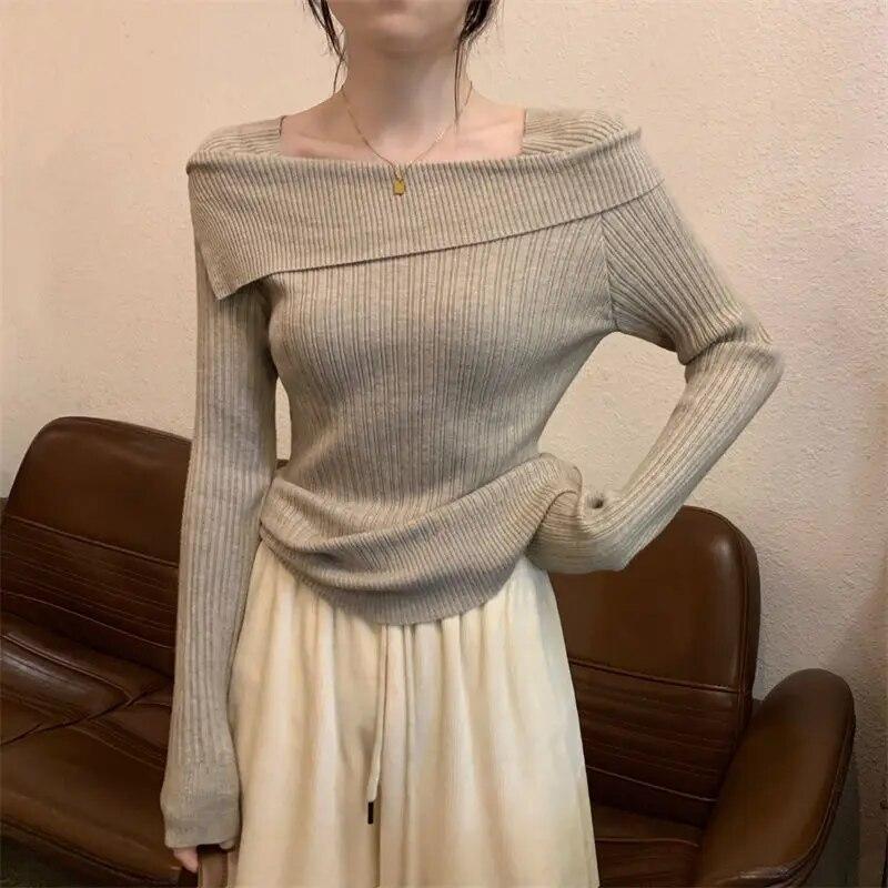 Slash Neck Knitwear Off Shoulder Top Women's Thin Bottomed Shirt Slim Long Sleeve Hotsweet Casual Commuting New Fashion