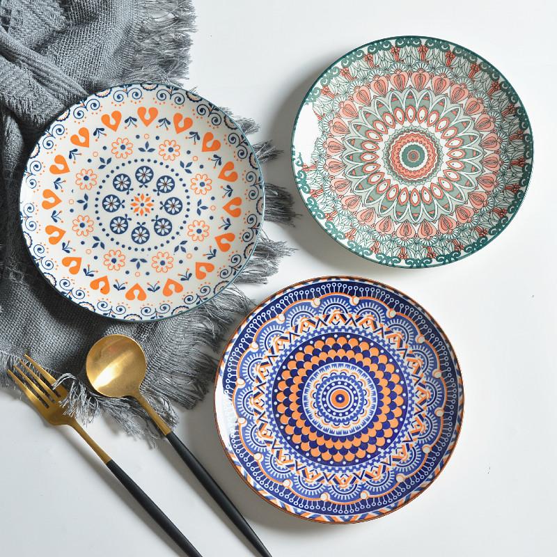 1PC Exquisite Ceramic Plate Round Flat Plate Home Underglaze Color Vegetable Salad Plate Fruit Dishes Kitchen Dinner Plates