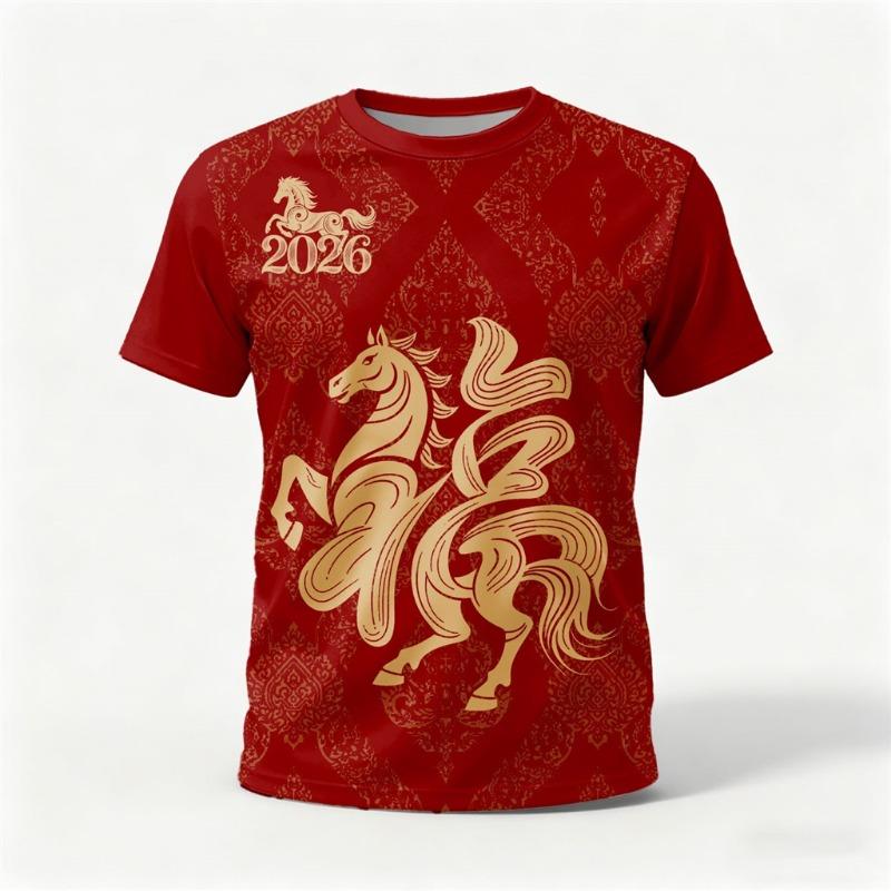 Happy New Year Year of The Horse T-shirt 3D Printing Quick-dry, Casual Crew Neck Short Sleeve T-shirt New Stylish Design