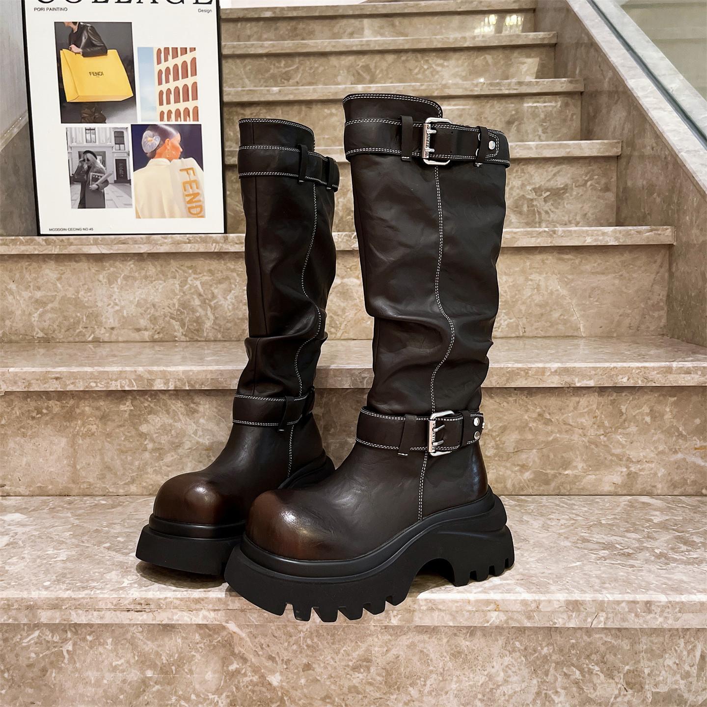 

Пряжка ремня круглая голова, но ботфорты до колена, женские высокие сапоги, сапоги-чулки, 2025 осень, новые универсальные тонкие милые крутые сапоги 40 темно-коричневого