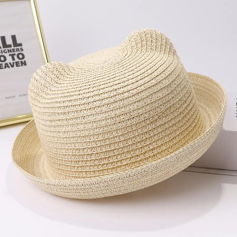 Summer Children Straw Hats For Boy Girl Cute Ears Kids Baby Panama Shades Beach Hat Unisex Breathable Dome Brim Rolled Sun Caps