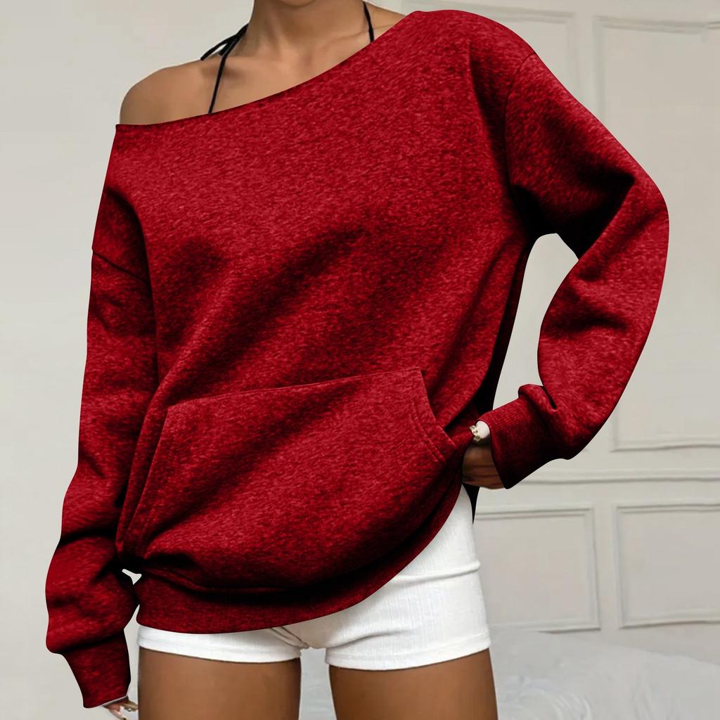 Women's Casual Fashion Solid Color Off-shoulder Long-sleeved Loose Sweatshirt With Pockets