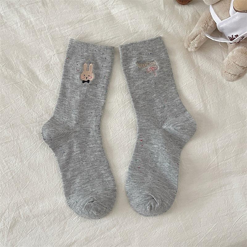 Autumn Korean Women's Cotton Socks - Embroidered Animal Bow & Dotted Yarn Design