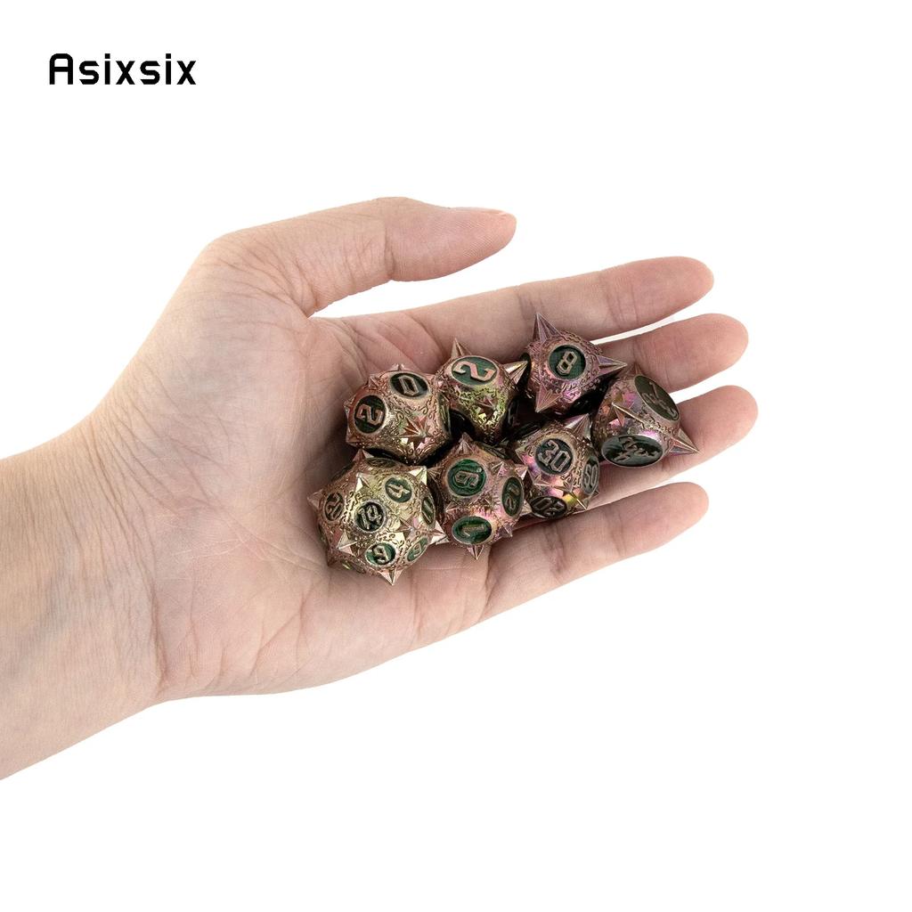 7 Pcs Red Green Meteor Hammer Metal Dice Solid Metal Polyhedral Dice Set Suitable For Role-Playing Dice PropBoard Game Gift