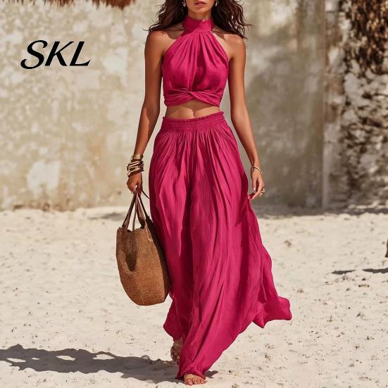Sleeveless Crop Top Women Women's 2 Piece Outfits, High Neck Halter And Comfortable Summer Pants Wide Leg Matching Set, Beach Vacation Outfits