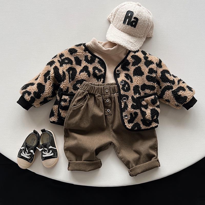 Elegante Cappotto di Peluche con Stampa Leopardo: Moda Bambini Giapponese e Coreana Spessa e Calda per Bambini e Bambine - Inverno 2025