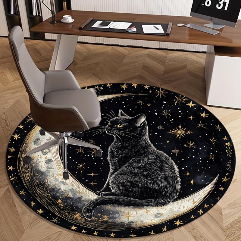 Black Cat On Moon Round Rug Fantasy Night Sky Starry Pattern Bedroom Floor Decor Mystical Animal Art Soft Carpet