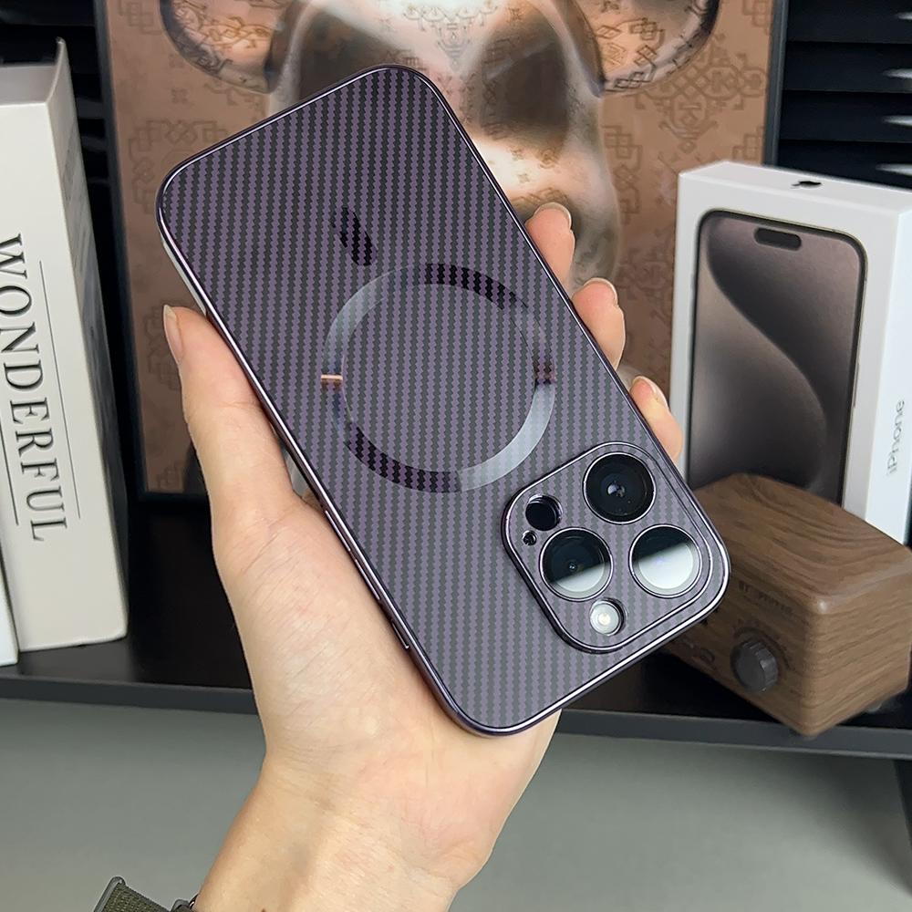 Luxury Carbon Fiber Texture Plating Case for iPhone 15 14 13 12 Pro Max For Magsafe Wireless Charging Magnetic Shockproof Cover