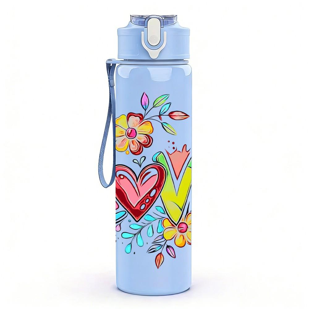 1PC Love Word Doodle Mixed Floral Decor Print 750ml Color Plastic Sports Water Bottle Leakproof Flip Straw Lid Suitable for Sports Office Home Use