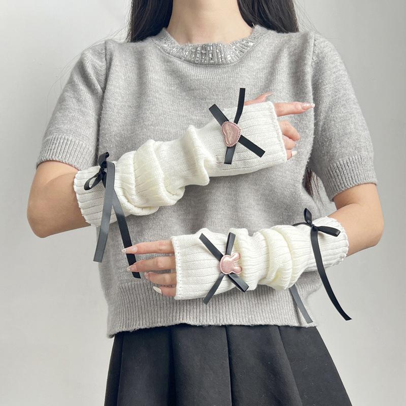 Student Kawaii Knitted Arm Cover Sweet Breathable Lolita Bow Decoration Long Pile Hand Sleeve Fingerless Gloves