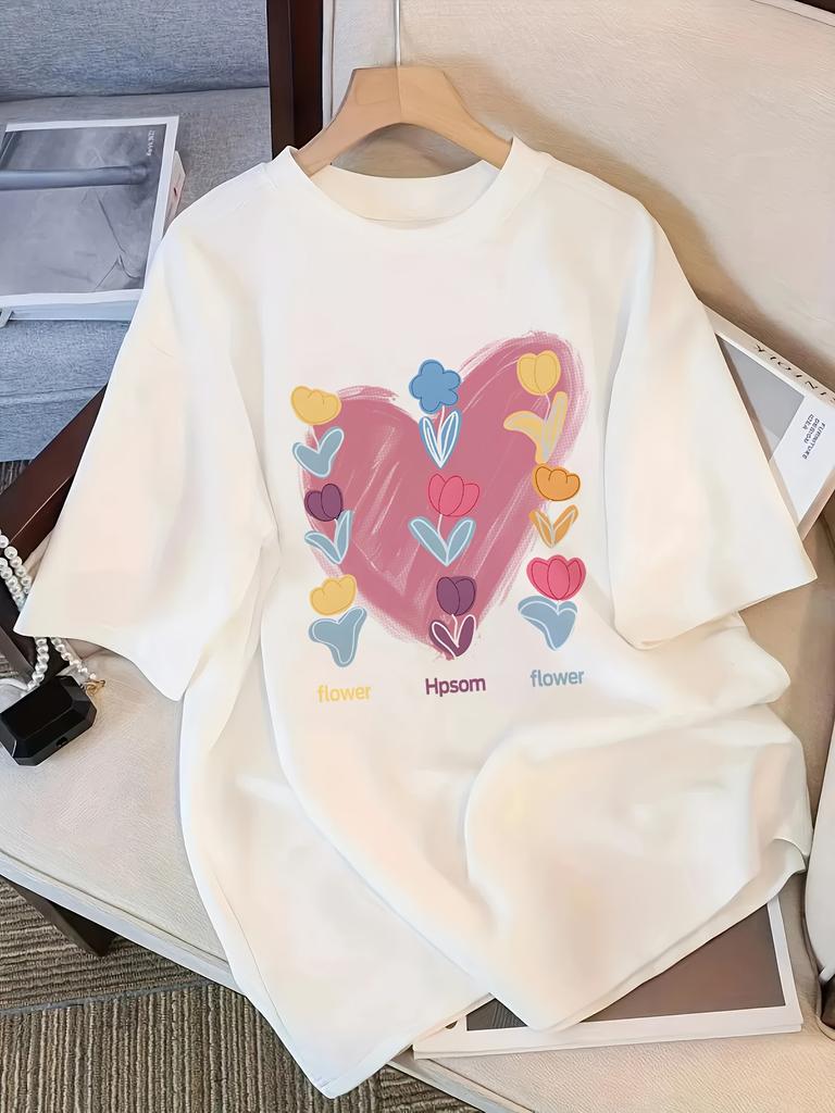 Casual Women's T-shirt Clothing Street Tops Tees Aesthetic Clothes T-Shirt with Heart and Flower Print Harajuku Short Sleeve