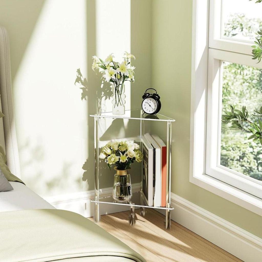 Acrylic Side Table Lobby Clear End Table Acrylic Triangle Modern 2-Tier Desk Storage Nightstand Shelf For Home Corner Lobby