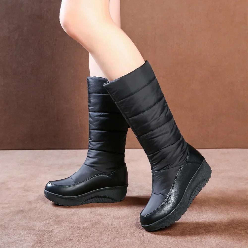 Winter Women Mid-calf Boots Warm Plush Waterproof Down Wedge Platform Snow Boots Round Toe Thick Heels Patent Leather Lady Boots