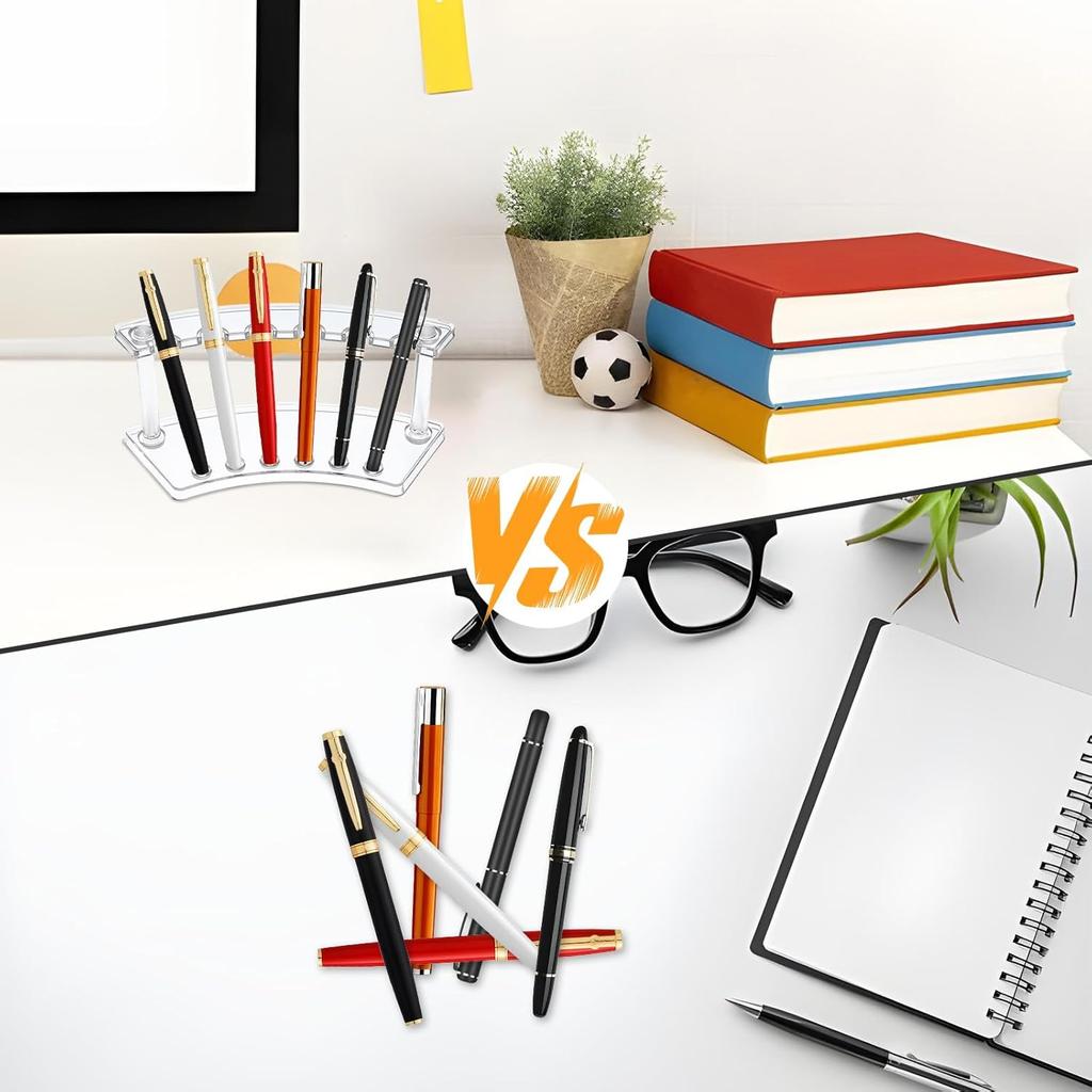 2Pcs Pen Holder Stand for Desk, Clear Pen Display Stand Pen Holder with 6 Slots, Makeup Brush Stand Rack Pen Stand Storage, Eyebrow Pencil Organizer