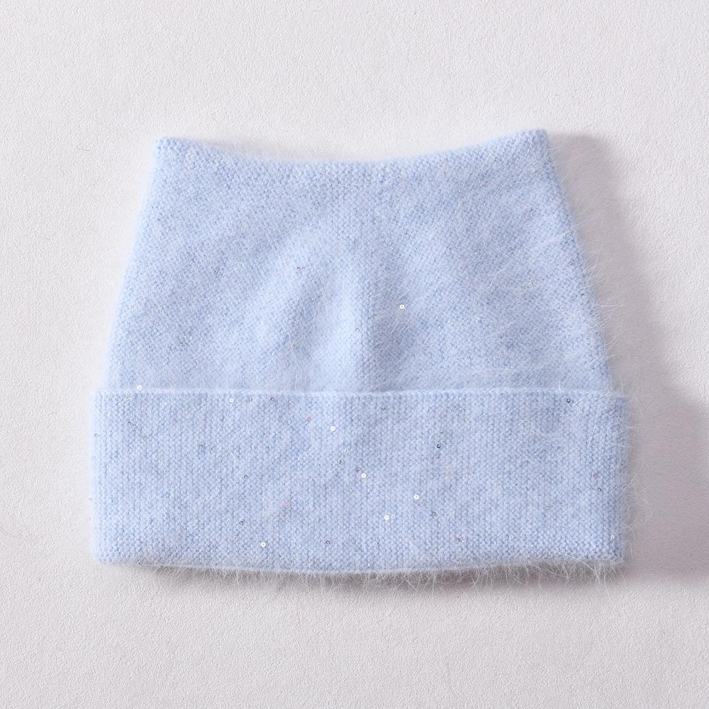 Autumn and winter new solid color cat ear angora long rabbit hair with small sequins warm wool hat knitted hat