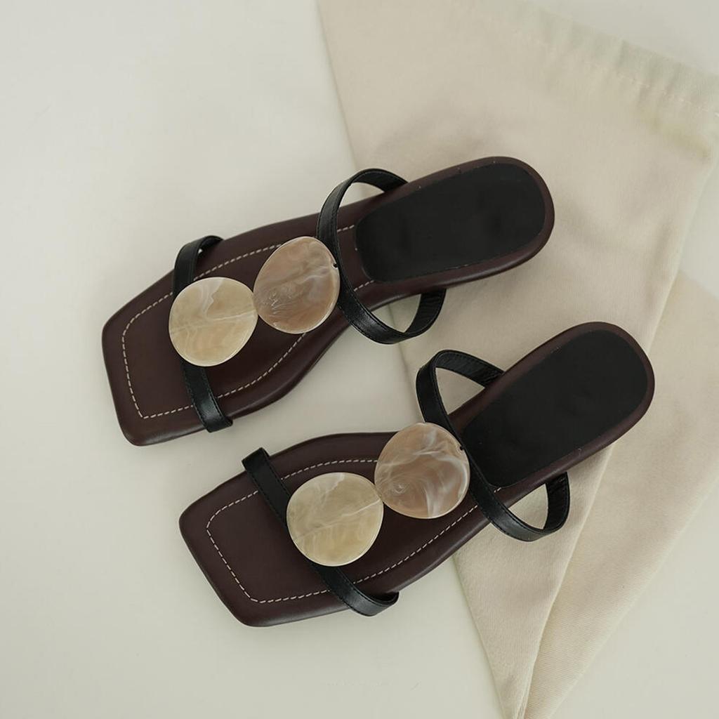 Soft Leather Version~ French New Niche Design Square Head Wear Leather Cool Slippers Women's Low Heel Temperament Open-toed Sandals