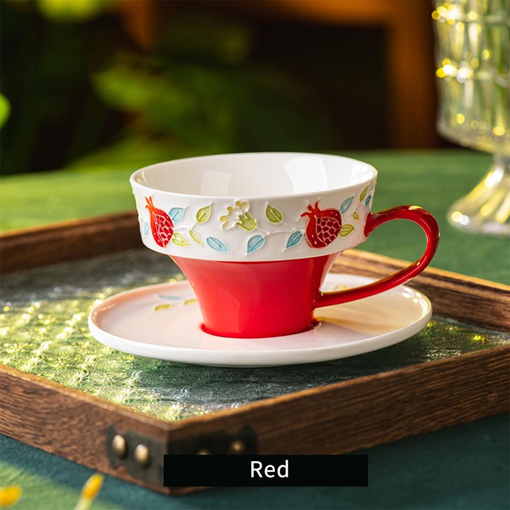 Set, Red/Green Floral Tea Cup and Saucer, Ceramic Coffee Mug and Saucers, Girls' Drinking Cup for Breakfast, Tea Party, Afternoon Tea, Home, Garden
