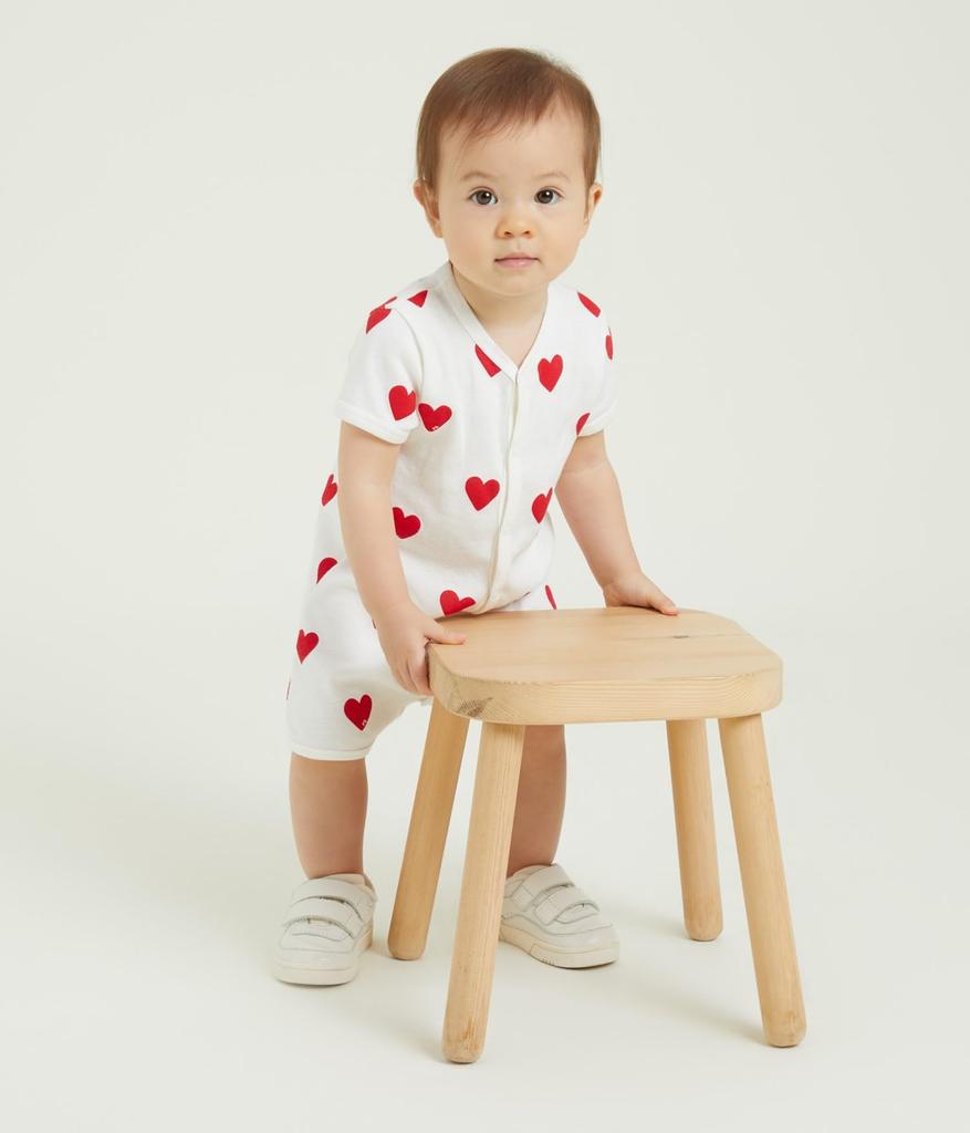Heart Print Short Romper A09HG 6 months 67cm [Petit Bateau] Off-White/Red